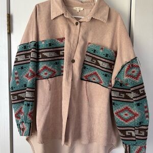 LA MIEL Corduroy Shacket with Patterned Sleeves